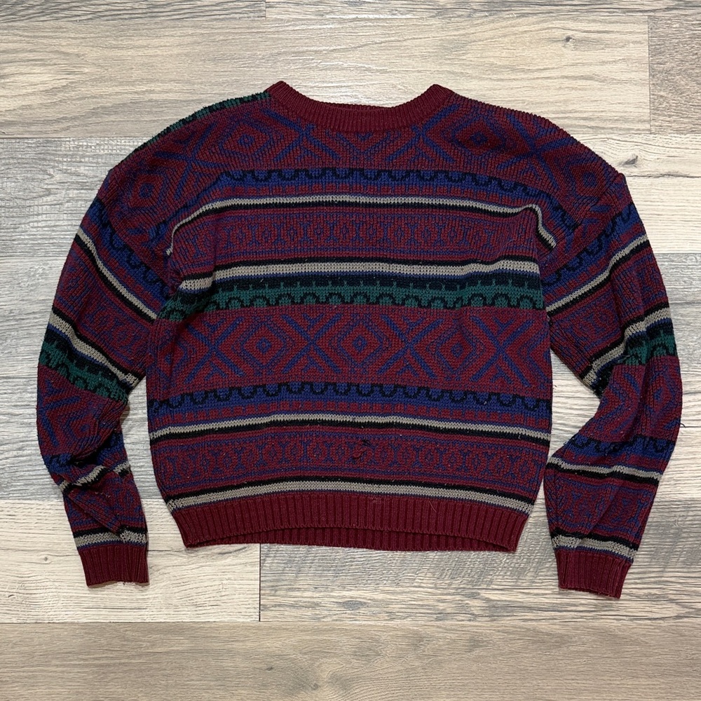 Vintage 90’s American Weekend Burgundy & Green Geometric Knit Sweater